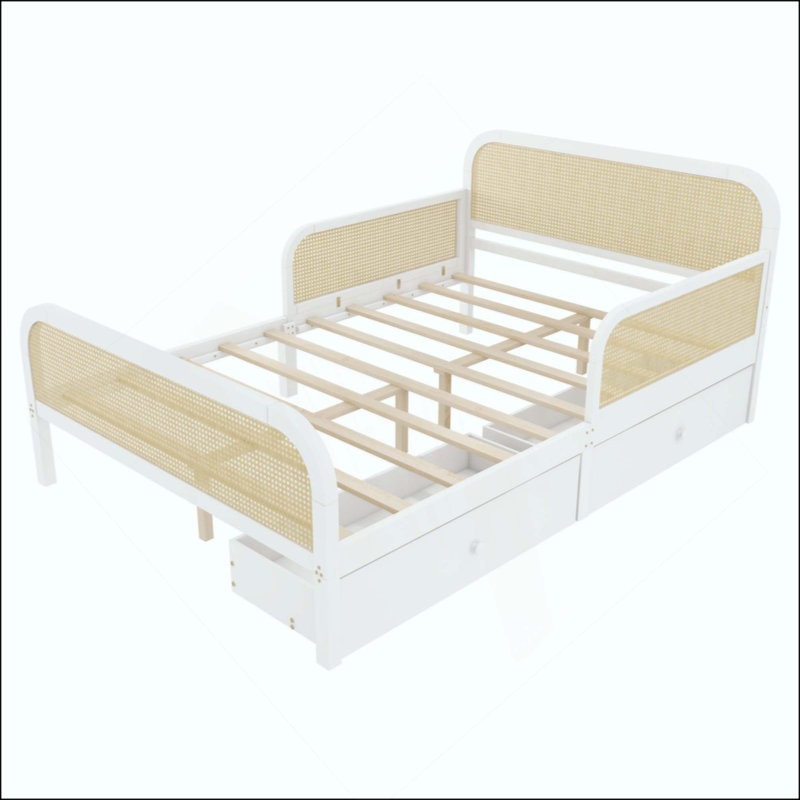 Structure de lit plateforme avec 2 tiroirs de rangement, lit en rotin pour enfants avec tête et pied de lit, Full / Double