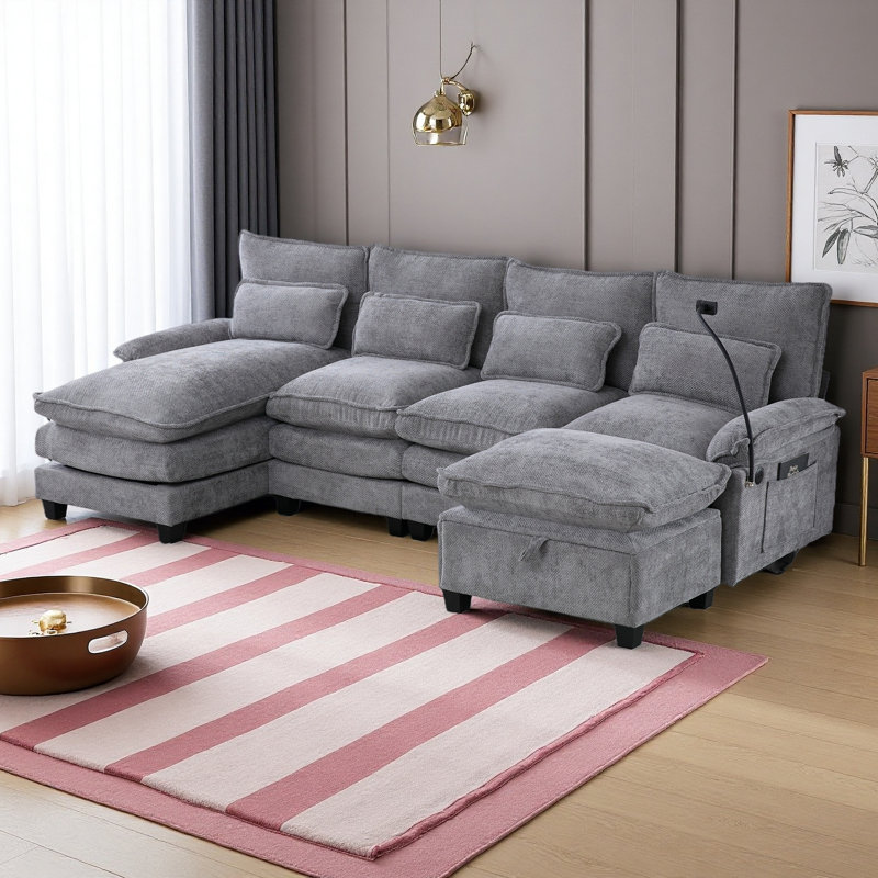 106" U Shape Sectional Sofa Cloud Couch For Living Room, Upholstery Comfy Modular Sofas, 4 Seat Chenille U-Shaped Sleeper Sofa With Chaise Lounge