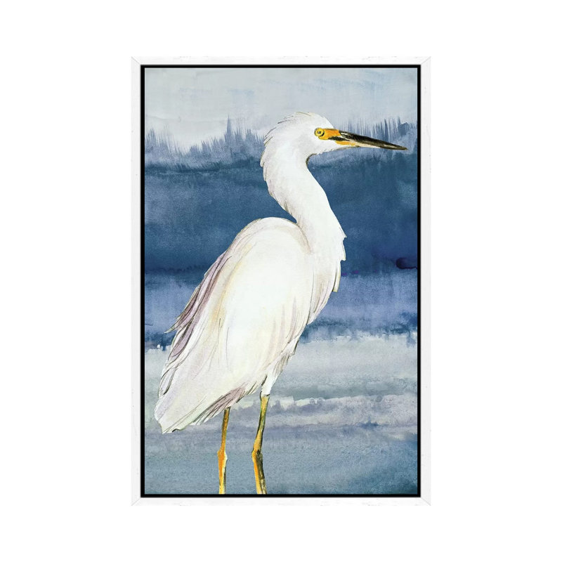 Heron On Blue II by Lanie Loreth - Painting on Canvas, White Framed, 101.6 cm H x 66.04 cm W