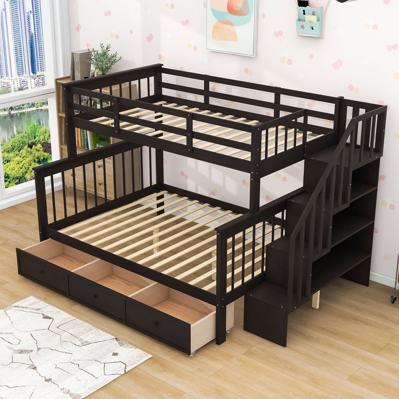 Twin Over Full Wooden Bunk Bed with Staircase Storage and Drawers, Espresso