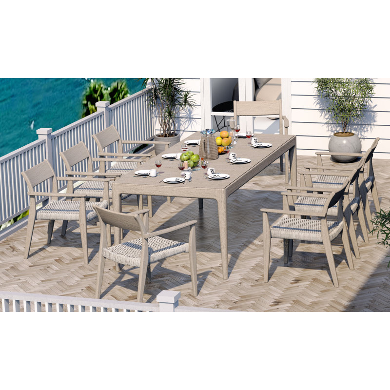 8 Seats 9 Pcs Grade-A Weathered Teak Wood Dining Set: 84" Amilo Rectangle Table And 8 Amilo Stacking Arm Chairs #11AM3108, 6