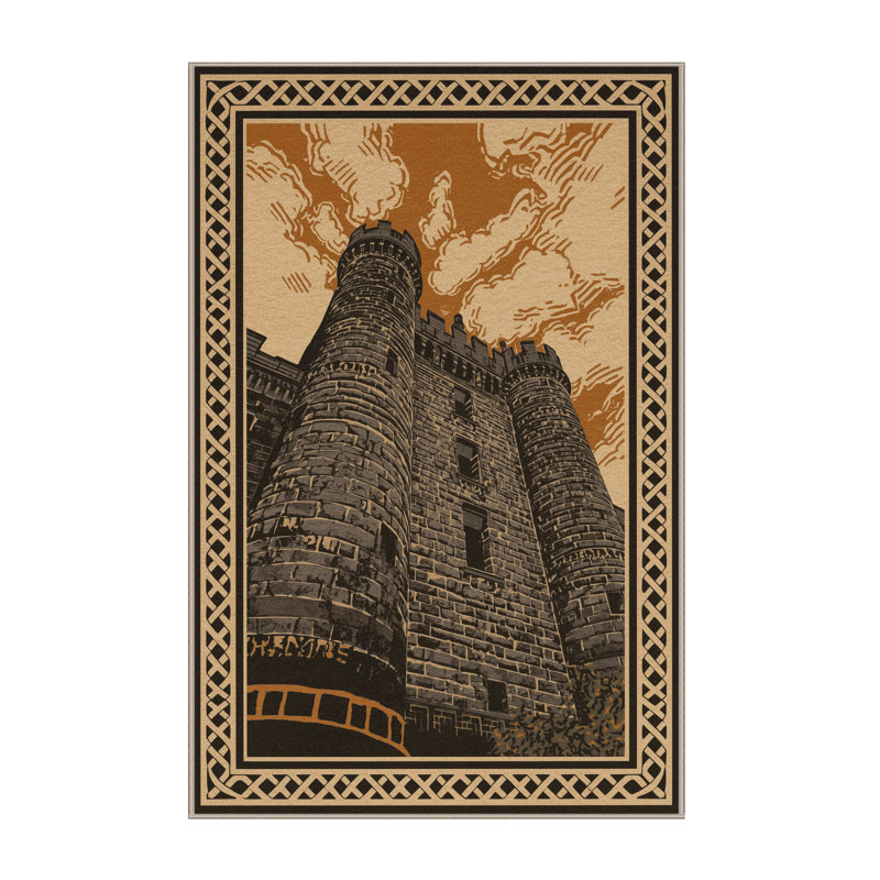 Machine Washable Paitlyn Edinburgh Castle Traditional Block Print Rug in Brown – Beige Binding, 4x6