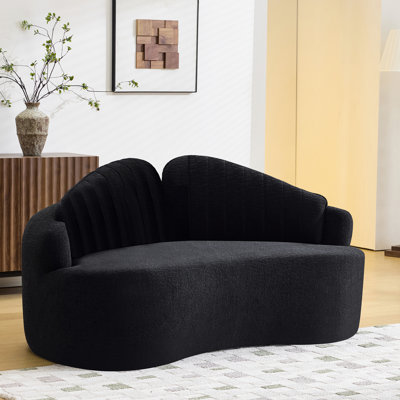 Canapé 2 places incurvé, revêtement en chenille noire, déhoussable, structure comprimée, style rétro minimaliste pour petits espaces, assise mi-ferme, mousse et ressorts, 4 places, profondeur 175 cm