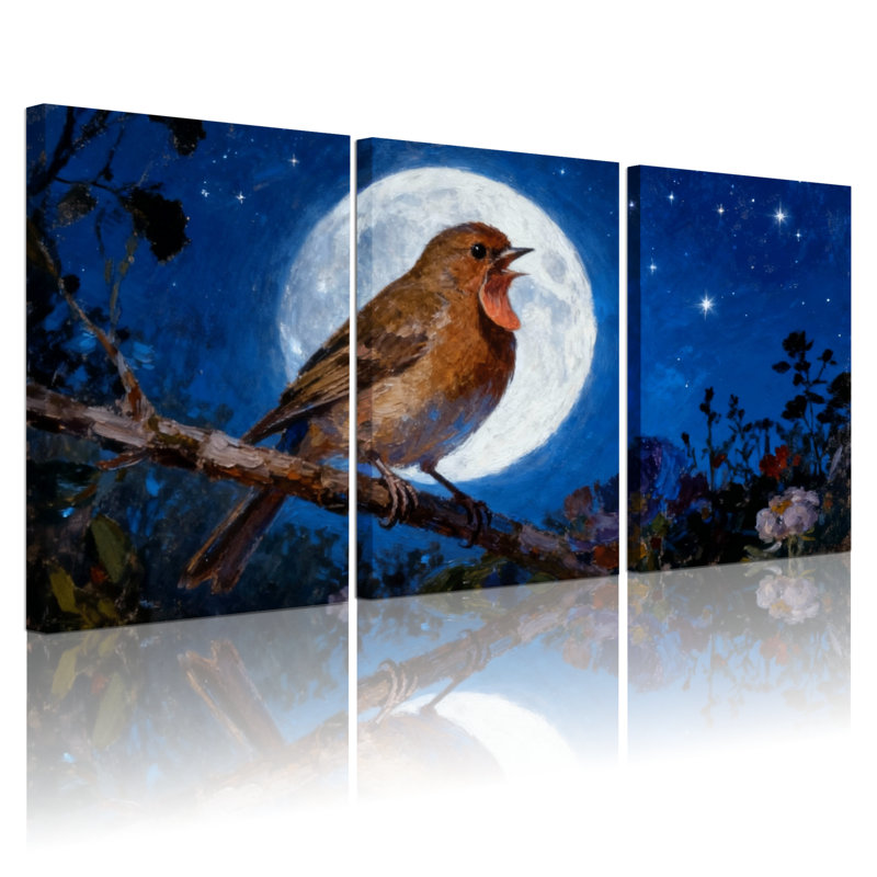 Oiseaux, ciel nocturne, lune, oiseau, branche chantante, étoiles, ensemble de 3 impressions sur toile, H 18 po x l 36 po