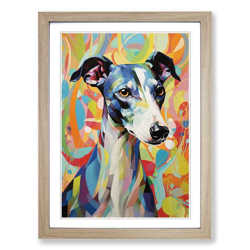 Whippet Hard Edge Painting - Framed Print, Oak , 64cm H x 46cm W x 2cm D