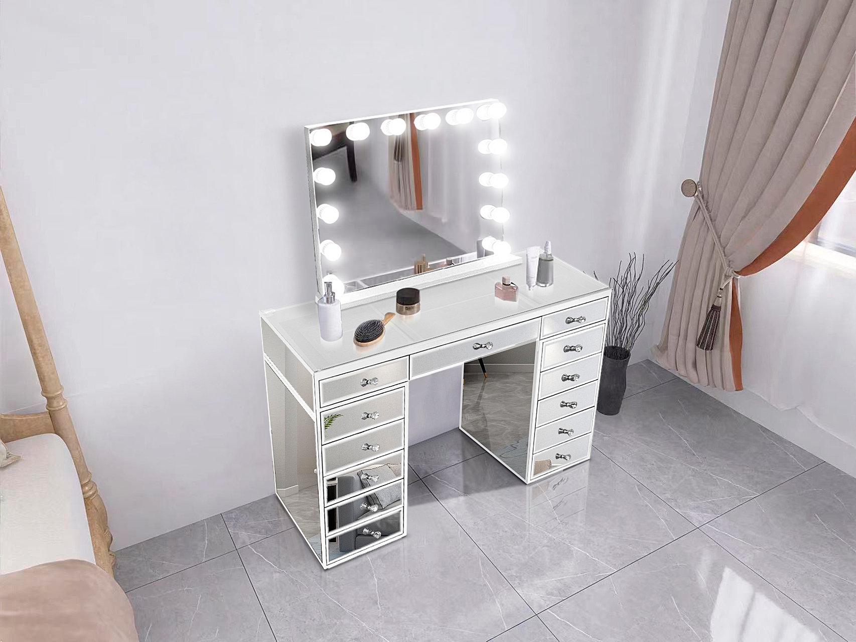 Impressions Vanity Desk with Mirror and Lights, Makeup Desk Slaystation PRO  2.0 with Clear Tempered Glass Top and 3 Drawers, Bedroom Makeup Vanity