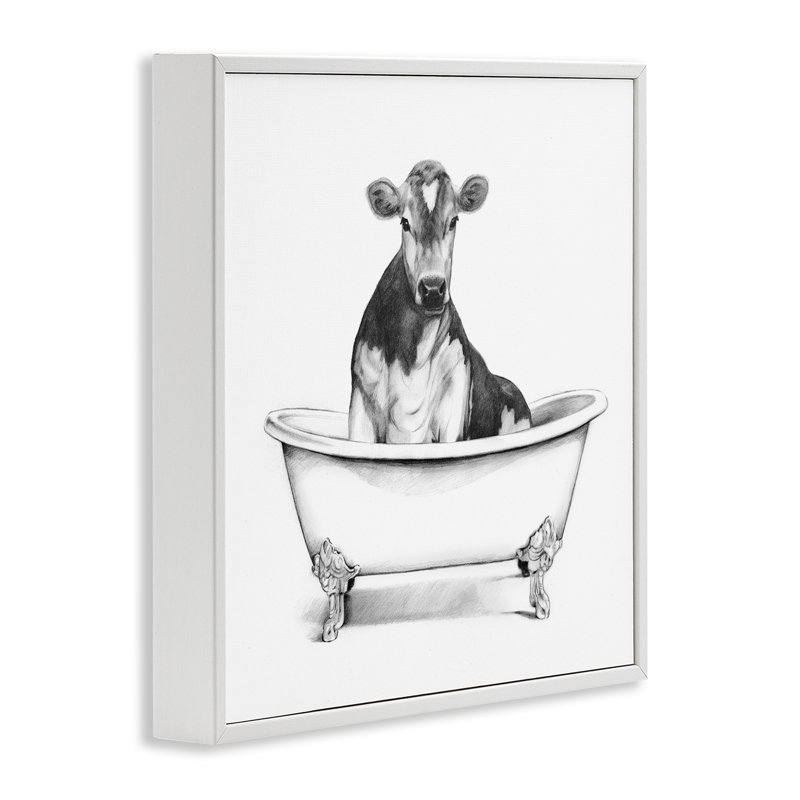 Vache dans un bac à griffes, H 17 po x l 17 po, Giclée encadrée blanc bord de mer