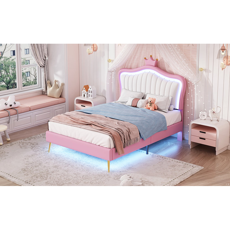 Cadre de lit rembourré avec lumières DEL et tête de lit couronne, idéal pour créer un espace de chambre à coucher de rêve et confortable