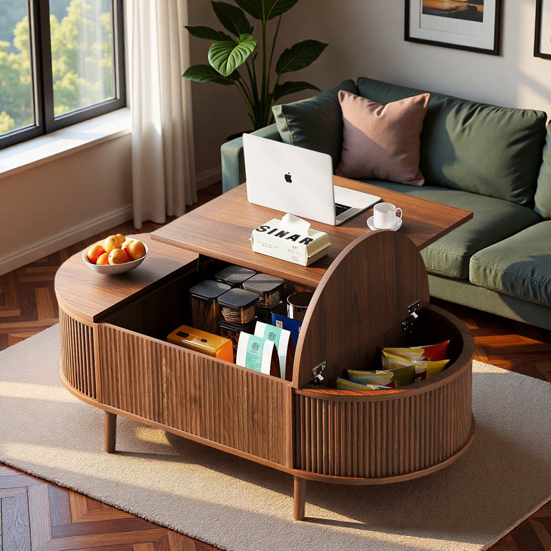 Table basse ovale minimaliste de 47,24 po avec rangement caché et finition grain de bois, Antique Brown