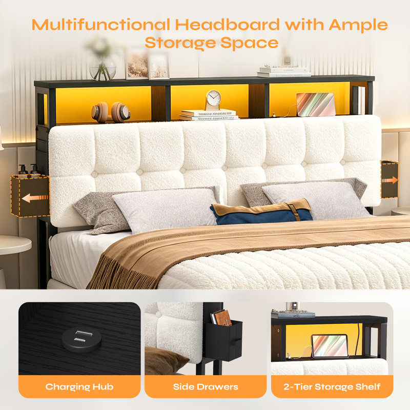 Upholstered Storage Headboard With Built-In Charging Station, LED Light Strip, Hidden Drawer And Shelf – Tufted Button Design
