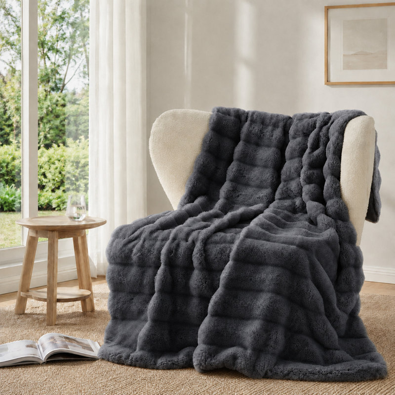 Jeté en fausse fourrure, couverture en fourrure de lapin pour lit, canapé, couverture en peluche vison super doux, Gris foncé