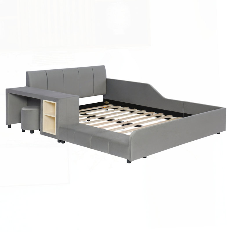 Lit tapissier au sol, Gris, Grand lit