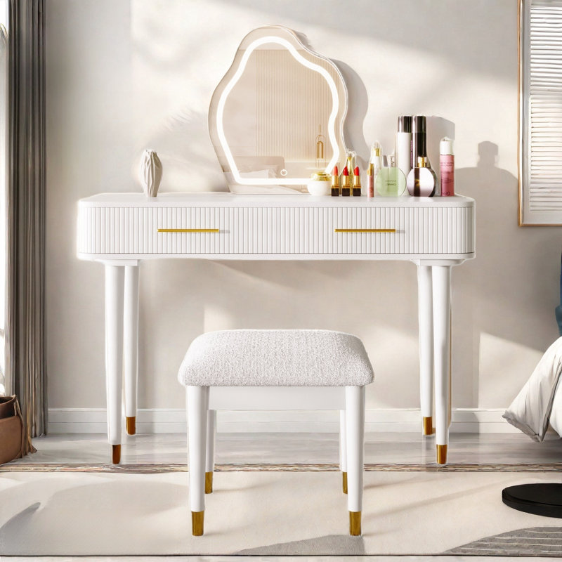 Modern Vanity Table Set With Touch Screen Lighted Mirror, Dressing Table And A Cushioned Stool