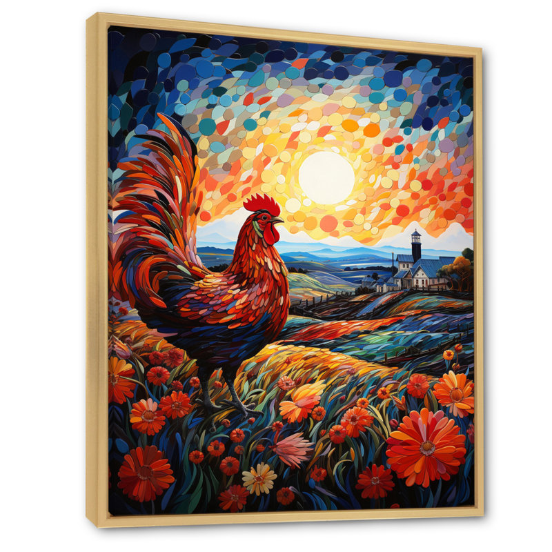 Arnould " Roaster Barnyard Serenade II ", 44" H x 34" W x 1.5" D, Natural Floater Framed Canvas