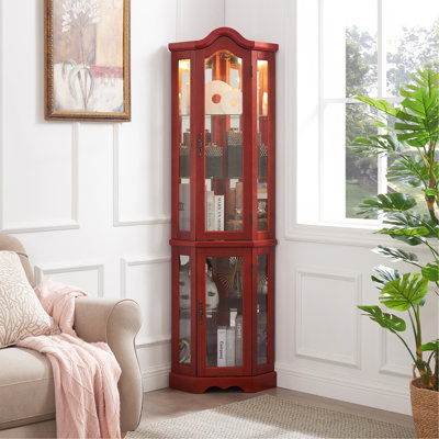 Vitrine de coin lumineuse avec portes et tablettes en verre trempé - Vitrine élégante en cerisier avec ampoule pour le décor du salon et de la chambre à coucher - Cerisier