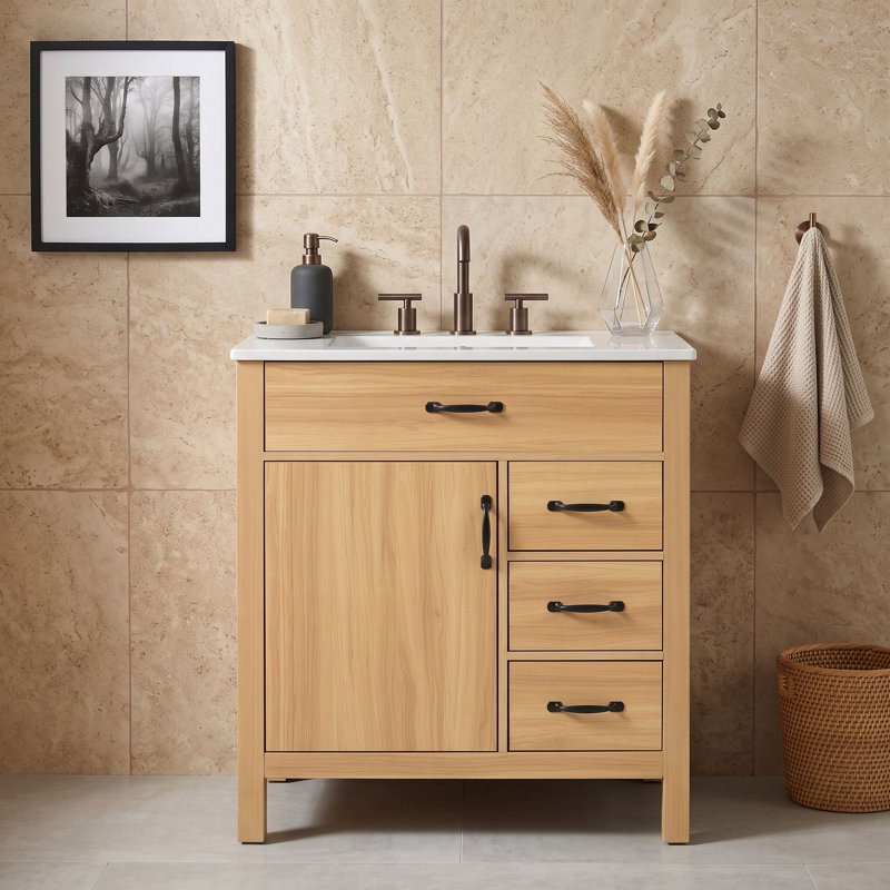 Meuble-lavabo autoportant avec lavabo en céramique, porte et tiroirs à fermeture en douceur, tiroir rabattable et support de rangement pour porte