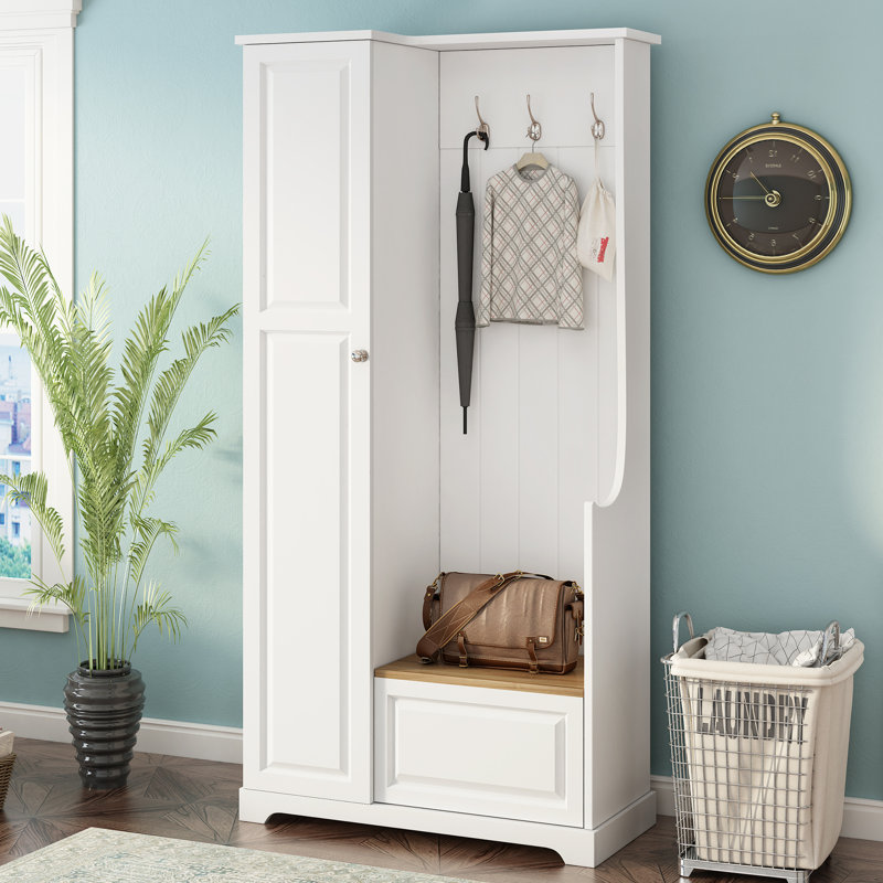 Meuble d'entrée avec banc rabattable, 90,4 cm (L) x 38,6 cm (P) x 178,8 cm (H), MDF, monobloc, meuble à chaussures autoportant, blanc, 3 crochets et étagères réglables