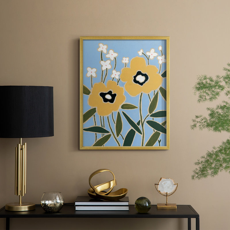 Impression sur bois Woodblock Floral II - bois massif, H 21 po x l 17 po, Doré