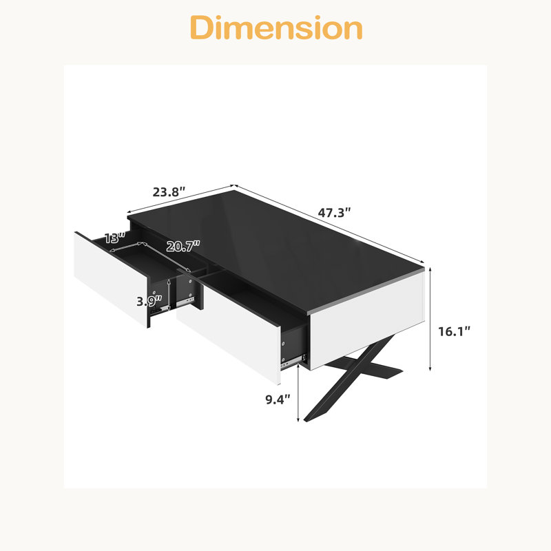 Table basse rectangulaire à miroir pour le salon avec rangement et base en métal, 2 tiroirs, 47,3 po