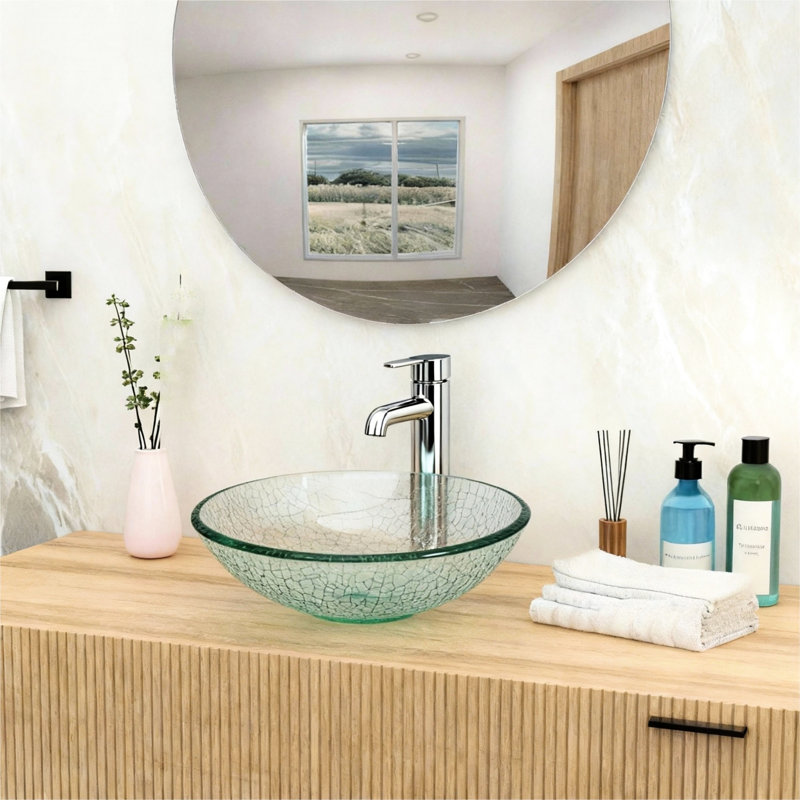 Lavabo vasque de salle de bain en verre trempé transparent, bonde escamotable, bords arrondis lisses, motif craquelé de glace pour un charmant motif artistique unique, finition, décor de salle de bain idéal