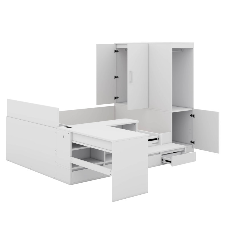 Lit plateforme double en bois avec tiroirs, bureau et tablettes, Blanc