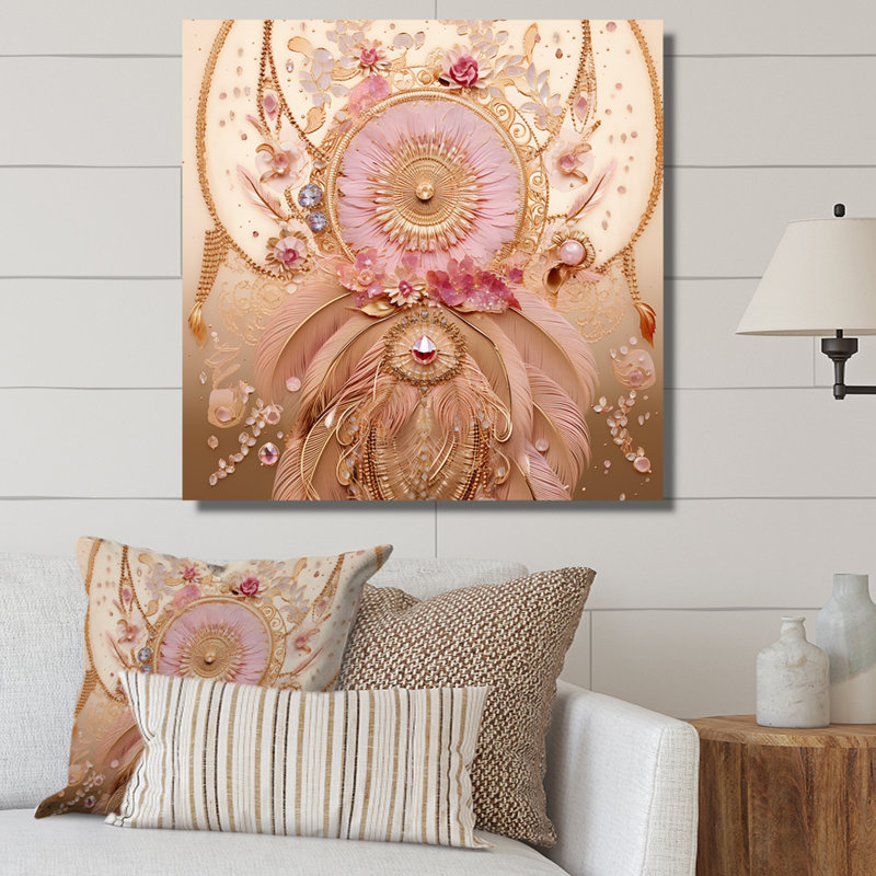 Impression sur toile Boho Glam Pink and Gold Dreamcatcher I, H 36 po x l 36 po, Toile tendue