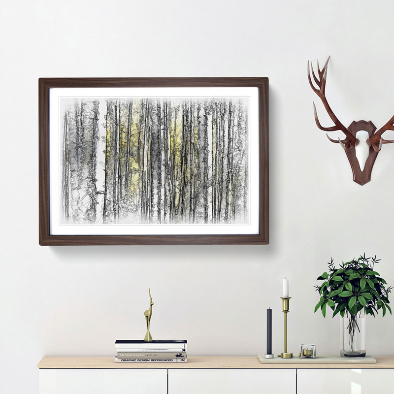 Yellow Birch Tree Forest Sketch - Picture Frame Graphic Art Print, 40cm H x 60cm W x 2cm D, Walnut Framed