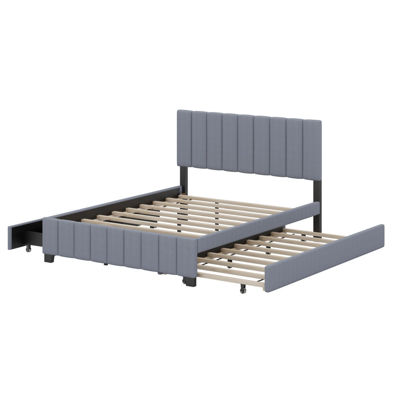 Grand lit plateforme tapissier en velours avec 2 tiroirs et 1 lit gigogne simple TG, gris