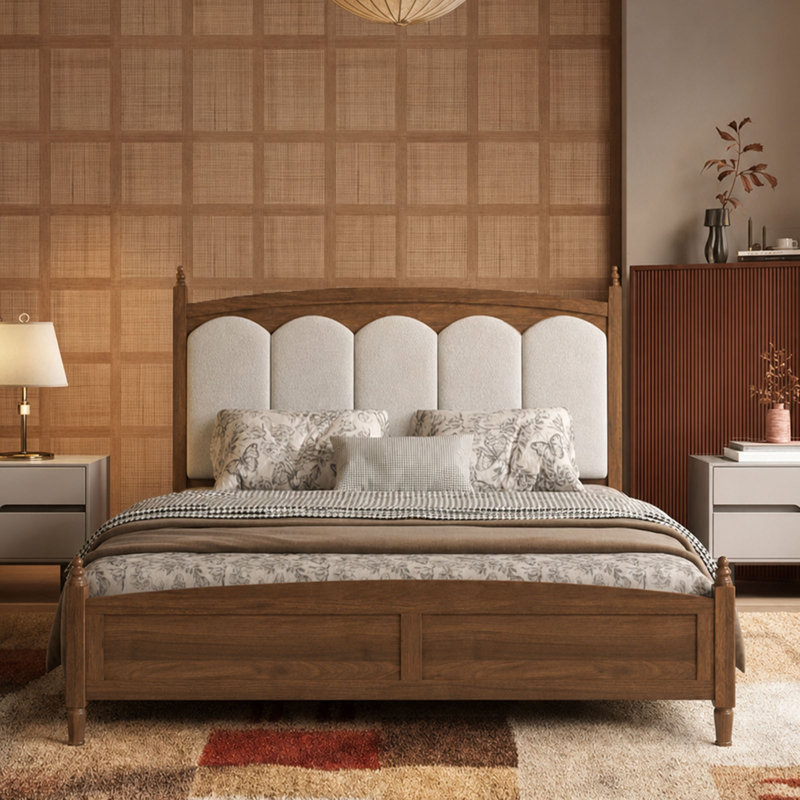 Cadre de lit plateforme rétro de style campagnard rétro de style Mid-Century avec tête de lit tapissier capitonnée à losanges, bois massif au fini noyer, aucun sommier nécessaire
