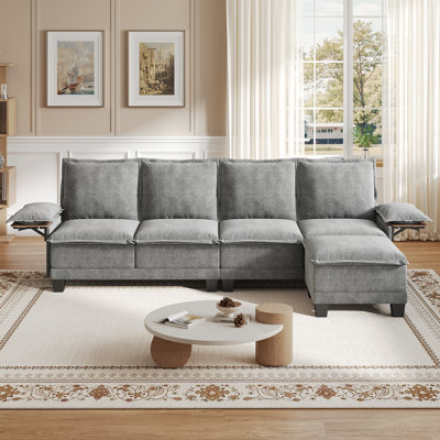 122" Modern L-Shaped Waterproof Chenille Sofa with Ottoman and Built-in Tables for Living Room