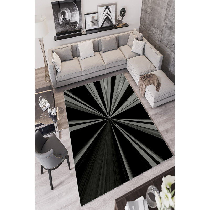 Stylish Area Rug (5.2 x 7.5 ft), Black, 100% Polyester | 650 g/m², 0.2 in Pile Height, Antibacterial & Eco-Friendly, Non-Slip PVC Dot Underside | Machine Washable, Perfect for Living Room & Bedroom Decor