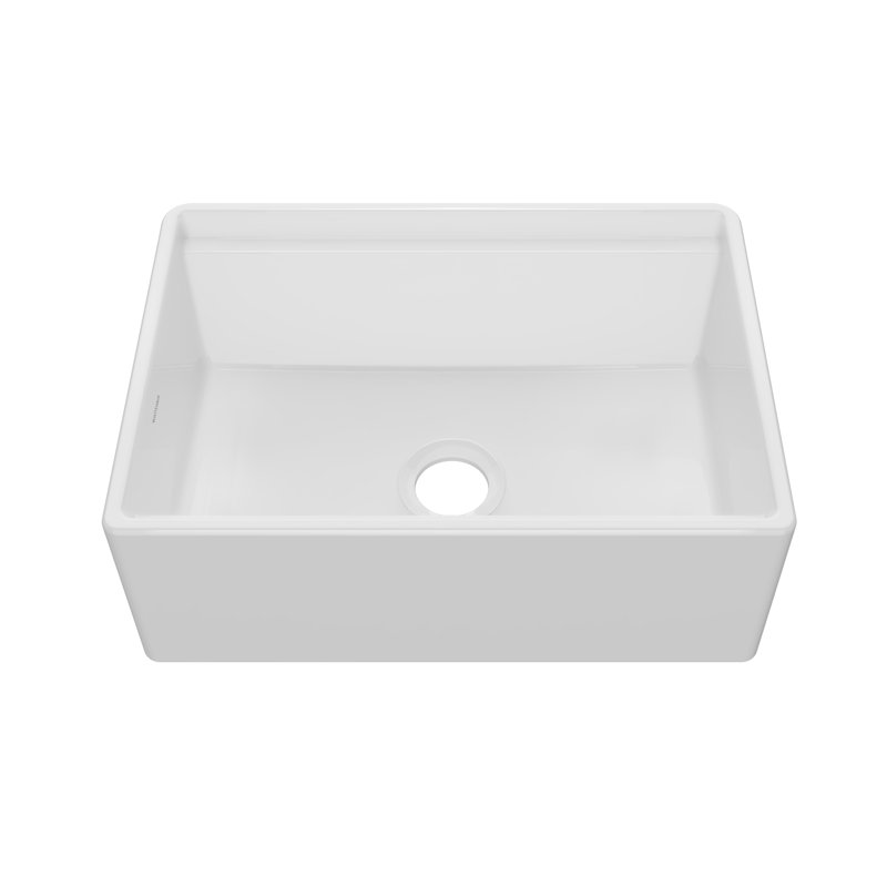 Whitehaus front apron single bowl fireclay kitchen sinks with walnut wood cutting board and stainless steel grid, 27"