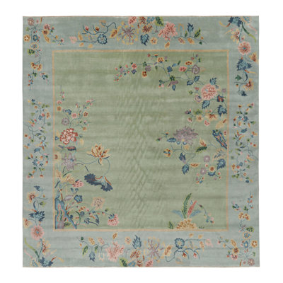 Rug & Kilim’S Oversized Chinese Art Deco Style Floral Square Rug In Green & Blue
