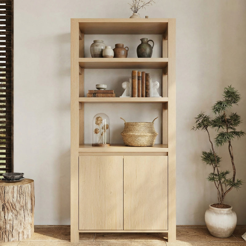 Sturdy Wood Bookcase with 2-Door Storage Cabinet, Premium Solid Display Shelving for Modern Farmhouse & Japandi Interiors,Wood