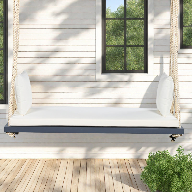 Balancelle de patio suspendue en bois avec coussin et coussins, Gris, Beige