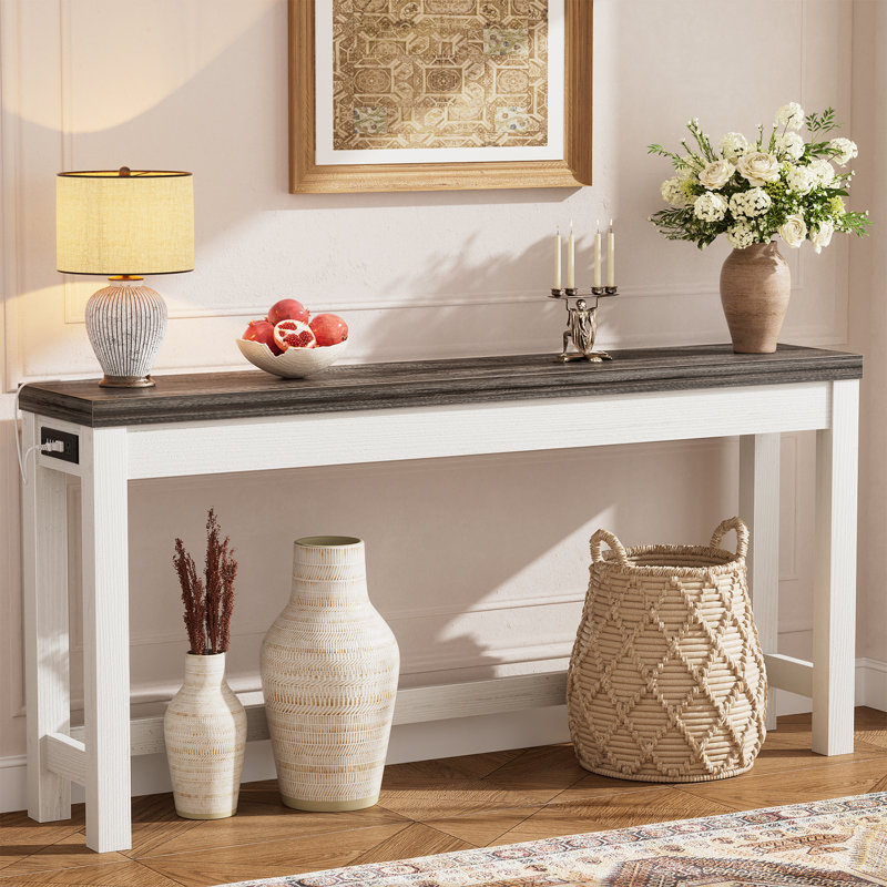 63 Inch Console Table, White, Gray Oak