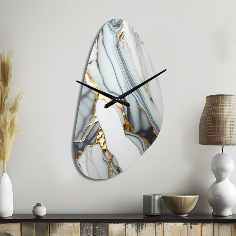 Abstract Geode Gold And White Marble V - Marble Asymmetrical Metal Clock, Modern Freeform Wall Clock Print, Large