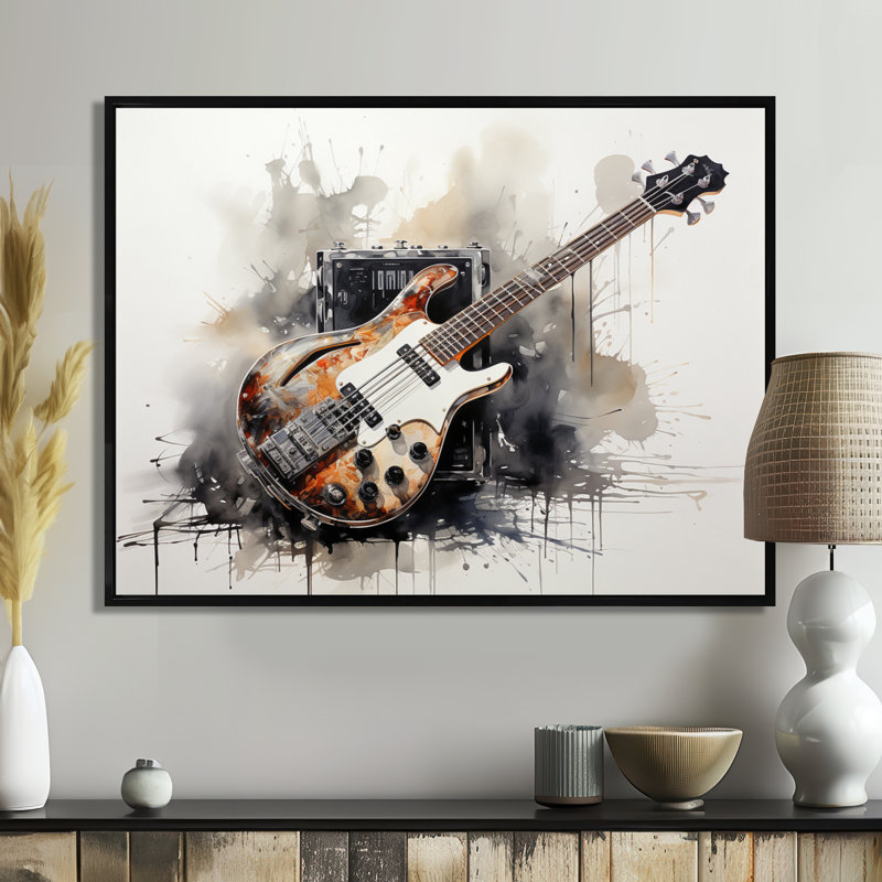 «Brown Charcoal Guitare», art mural sur toile, H 24 po x l 32 po x P 1 po, Cadre flottant noir