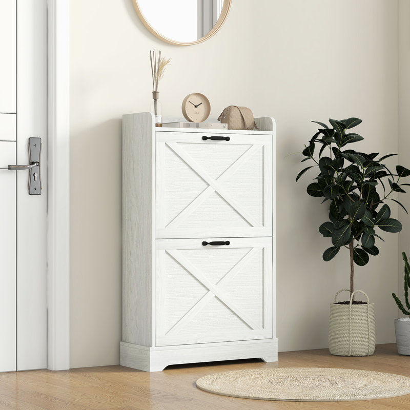 Entryway Shoe Chest, 2 Flip Drawers & Adjustable Shelves, Stores 8 Pairs, White Distressed Design Storage, Holds Pairs Of Shoes, Cabinet