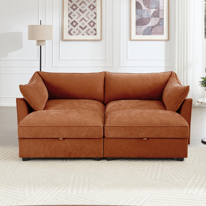 Canapé 2 places avec repose-pieds et rangement escamotable, tissu chenille confortable pour la vie moderne, Orange, 2