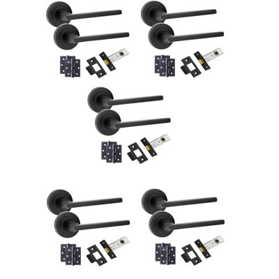  5 Sets Leon Straight Design Door Handles on Round Rose in Matt Black Finish with Ball Bearing Hinges and 64mm Tubular Latch