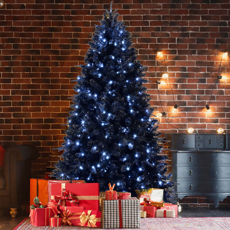 Arbre de Noël articulé artificiel noir en PE + PVC avec lumières à DEL blanches et support en métal stable pour Halloween et décorations des Fêtes