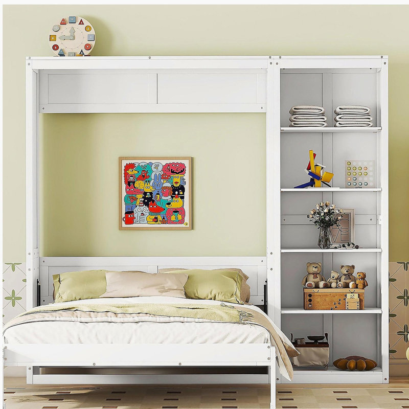 Full-size wall-mounted Murphy bed with shelf, white, Full / Double, White