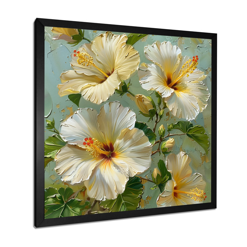 Hibiscus blanc et vert, Toile encadrée noire simple, H 16 po x l 16 po x P 1 po