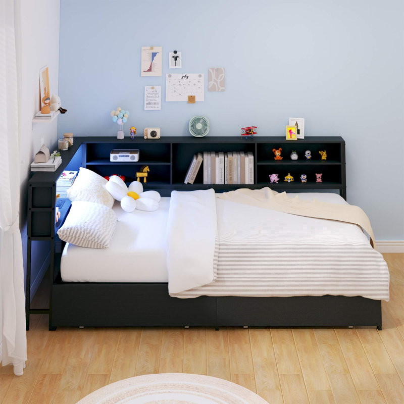 Twin Corner Daybed With Storage Bookcase, Drawers, LED Lights & Charging Station For Kids Bedroom, Black