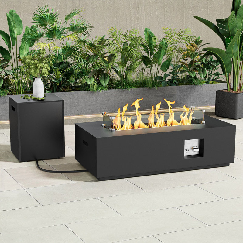 Joycie 42" Propane Fire Pit Table, 50,000 BTU Rectangular Outdoor Gas Fire Pit with Tank Storage Box, Lid, Glass Wind Guard & Rain Cover