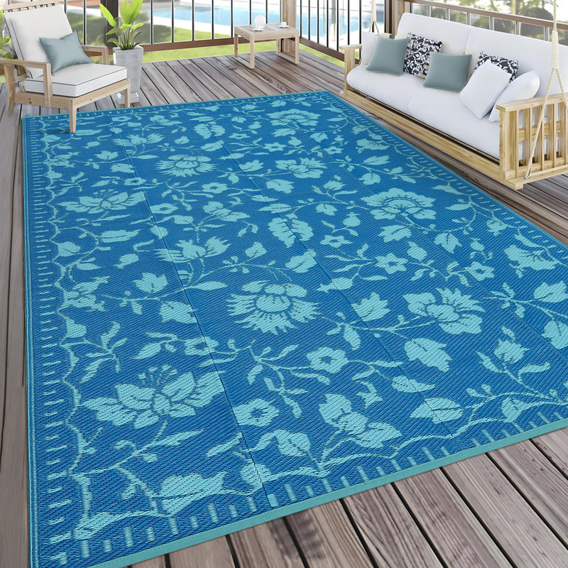 Waterproof Reversible Outdoor Rug – UV Resistant Plastic Straw Carpet – Lightweight & Collapsible for Patio, Deck, RV, Camping or Backyard – Floral Print