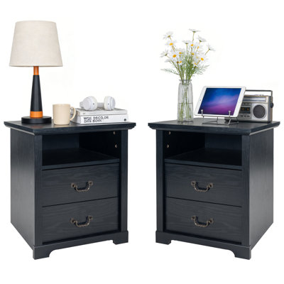 Ensemble de 2 Rutland en bois rustique avec 2 tiroirs de rangement, table de chevet avec tablette ouverte pour la chambre à coucher Rutland