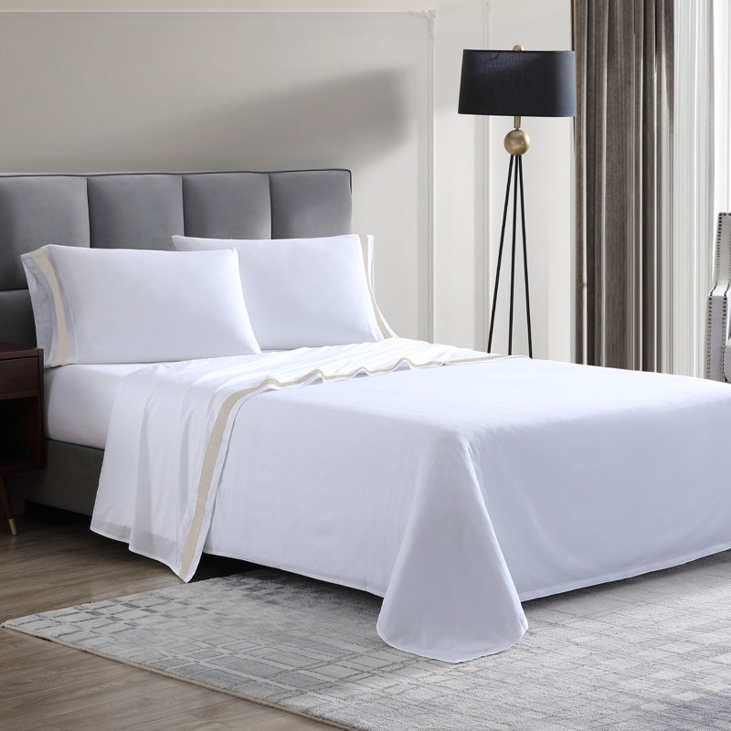 300 Thread Count Cotton Quality Sateen Sheet Set, King Sheet Set + 1 Fitted Sheet + 2 Pillowcases, White/Sand