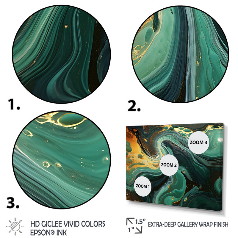 Abstrait marbre vert et doré II - décoration murale en marbre, H 34 po x l 44 po x P 1,5 po, Cadre d'angle fermé noir